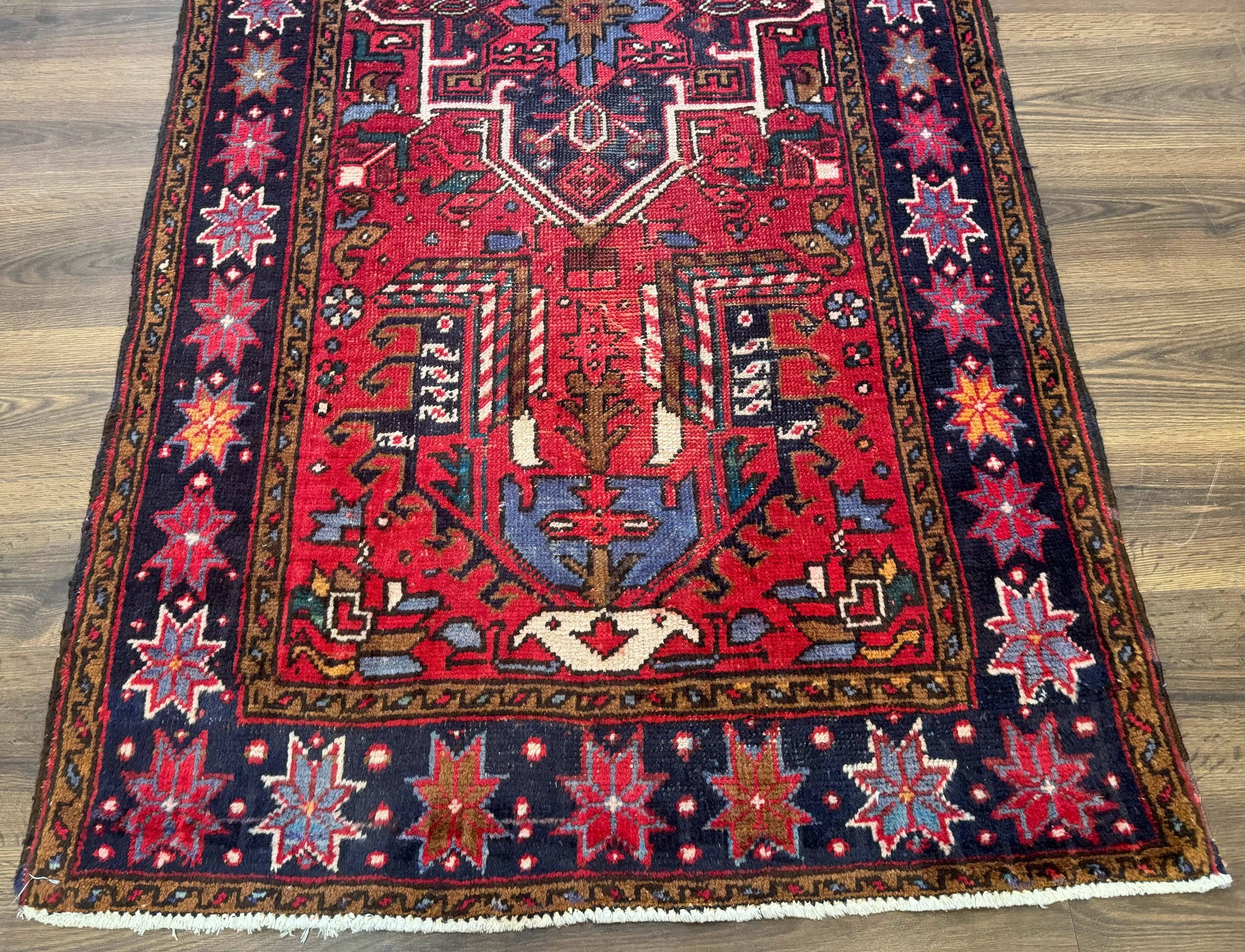 Persian Heriz Karajeh Runner Rug 3.7 x 12, Geometric Medallions, Red and Navy Blue - Nuvé