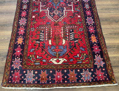 Persian Heriz Karajeh Runner Rug 3.7 x 12, Geometric Medallions, Red and Navy Blue - Nuvé