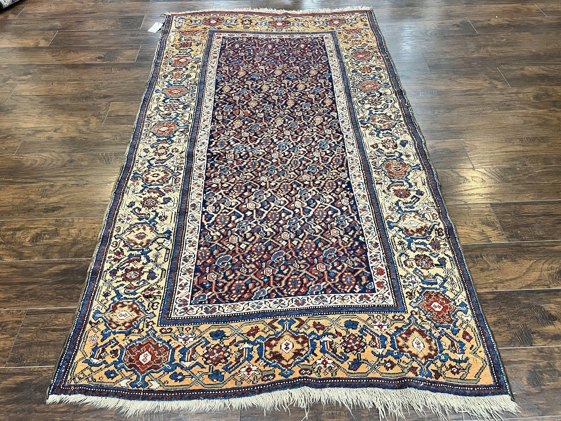 Persian Senneh Rug 4x8, Wool Hand Knotted Antique Kurdish Carpet, Navy Blue Oriental Area Rug, 4 x 8 Rug - Nuvé