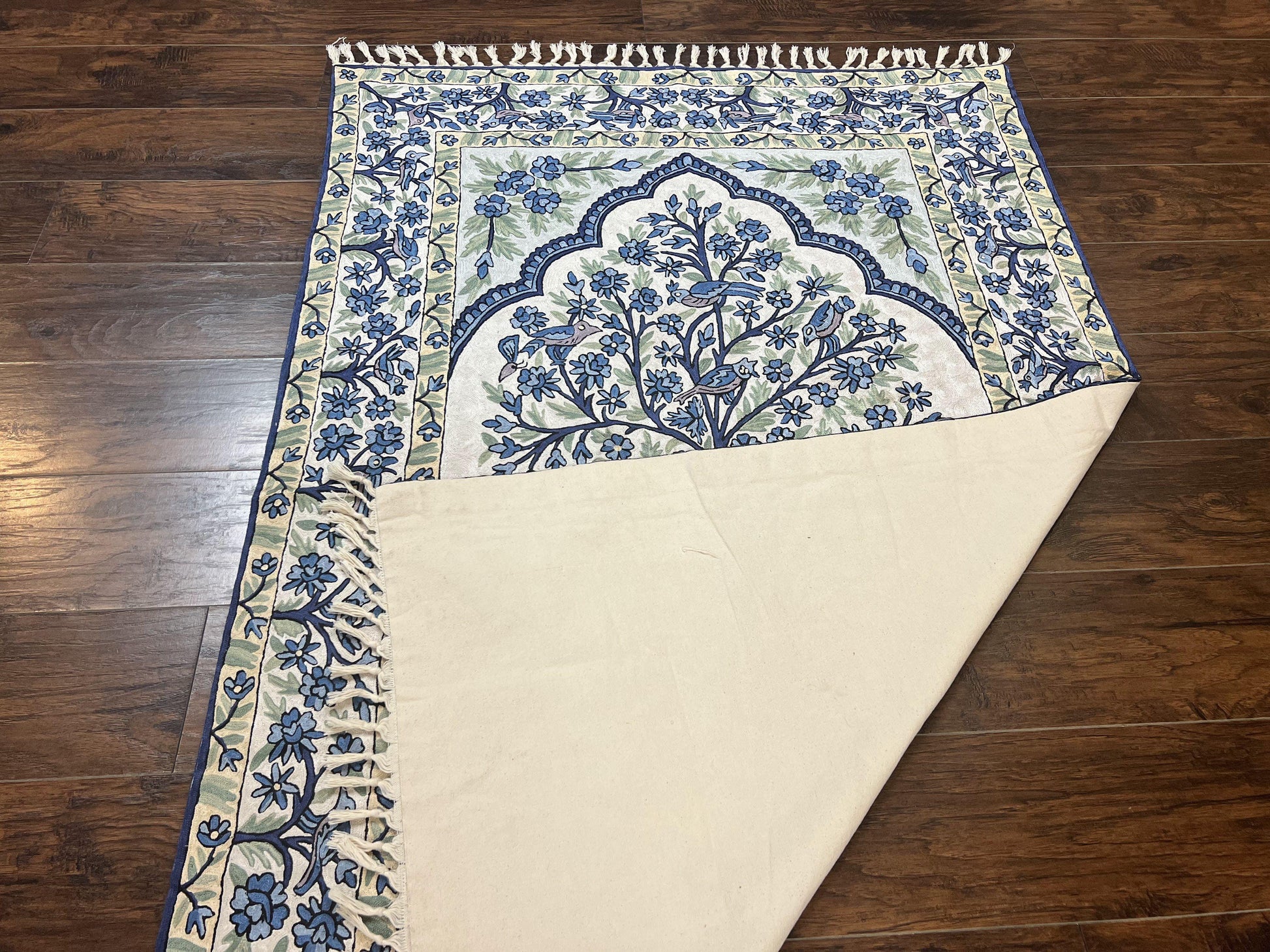 Tree of Life Indian Hand Stitched Rug 4x6, Indian Wall Hanging Rug, Ivory Blue, Silk on Cotton, Vintage - Nuvé