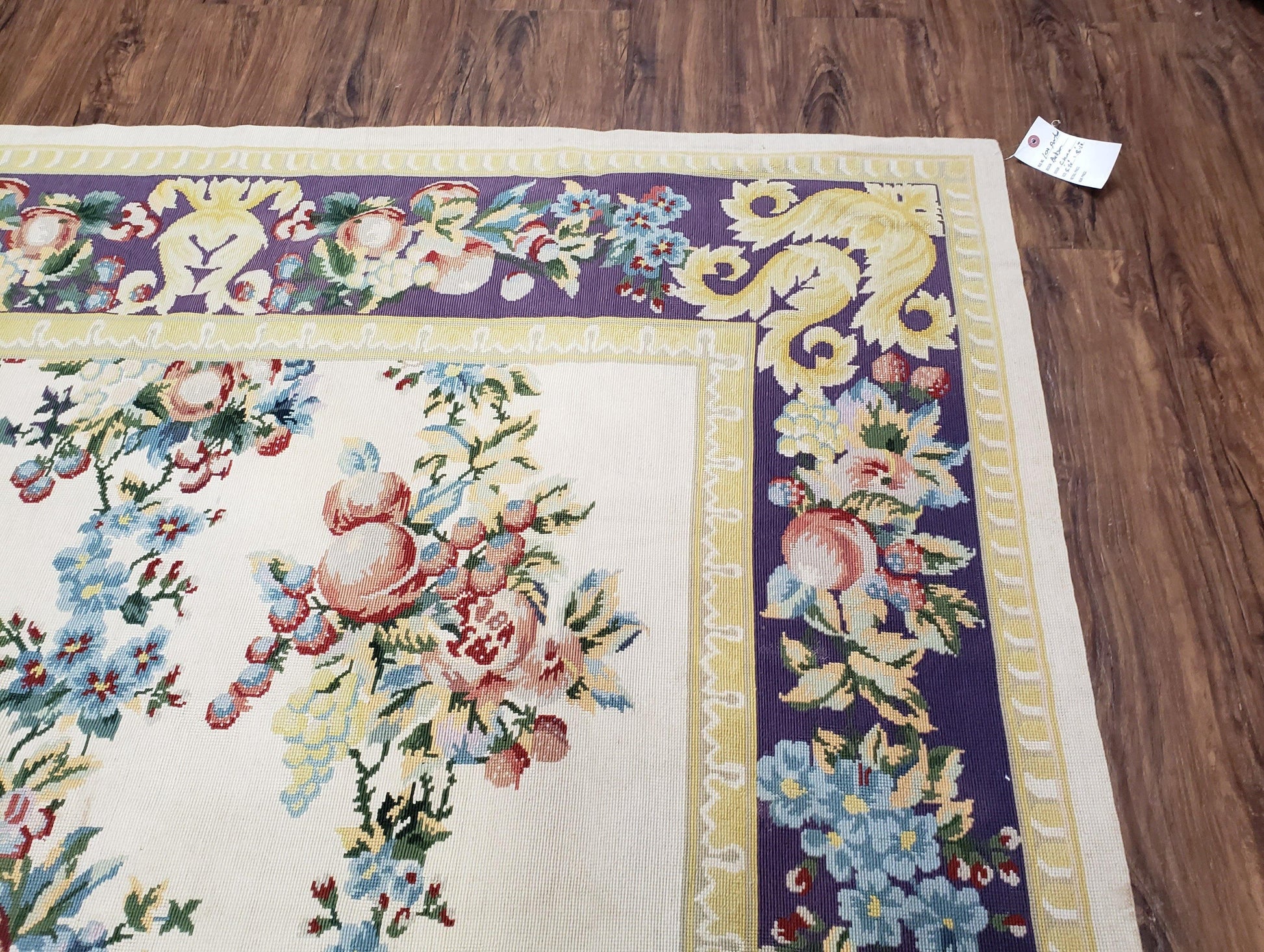 Vintage Chinese Floral Needlepoint Area Rug 6x9, Wool Hand-Woven Handmade Flatweave Rug, Ivory & Purple, Fruits Grapes Apples, Dining Room - Nuvé