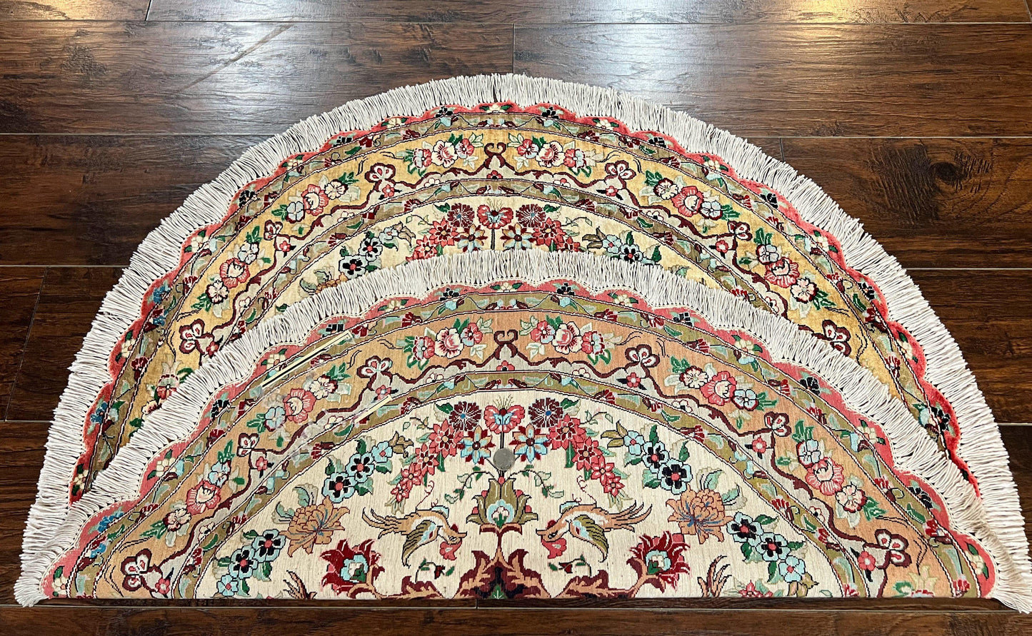 Silk Persian Tabriz Round Rug 3x3 ft, Very Fine Hand Knotted Carpet 380 KPSI, Cream & Gold, Bird Pictorials, Floral, Rare - Nuvé