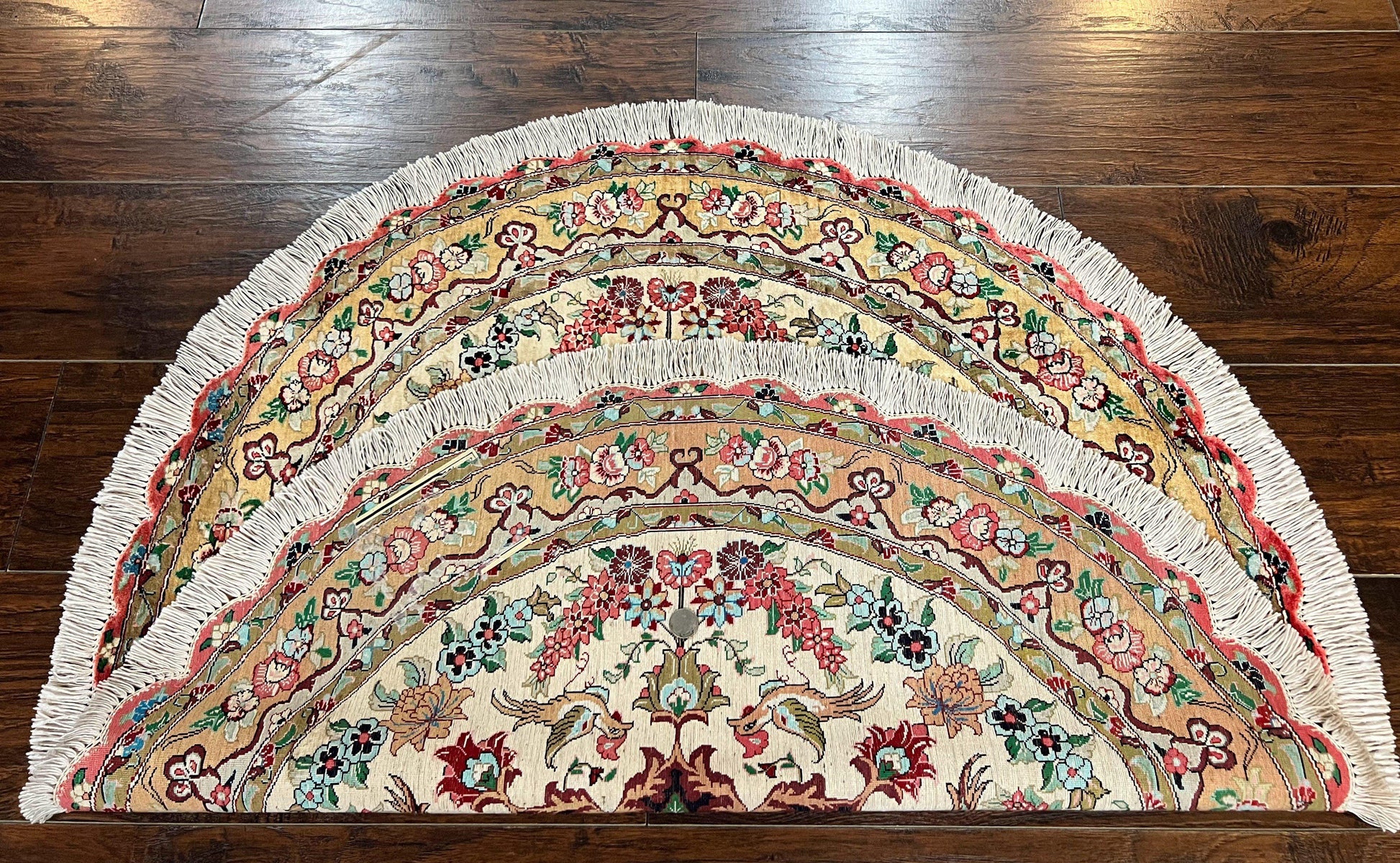 Silk Persian Tabriz Round Rug 3x3 ft, Very Fine Hand Knotted Carpet 380 KPSI, Cream & Gold, Bird Pictorials, Floral, Rare - Nuvé