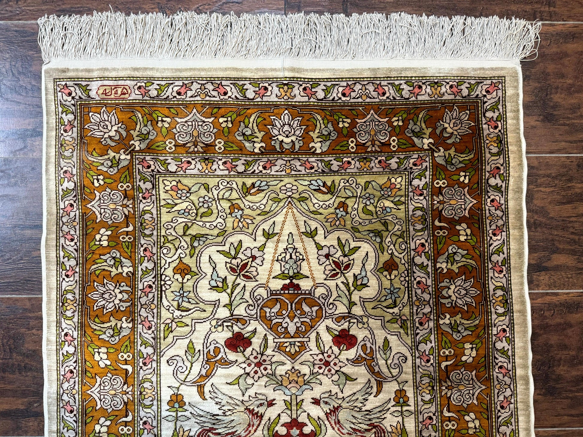 Silk Turkish Hereke Rug 2x3, Birds Lantern Very Fine 400 KPSI, Signed by Masterweaver, Wonderful, Rare, Small Hereke Rug - Nuvé