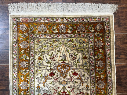 Silk Turkish Hereke Rug 2x3, Birds Lantern Very Fine 400 KPSI, Signed by Masterweaver, Wonderful, Rare, Small Hereke Rug - Nuvé