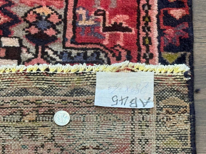 Persian Heriz Karajeh Runner Rug 2x9, Geometric Medallions, Red Navy Blue, 2 x 9 Rug for Hallway