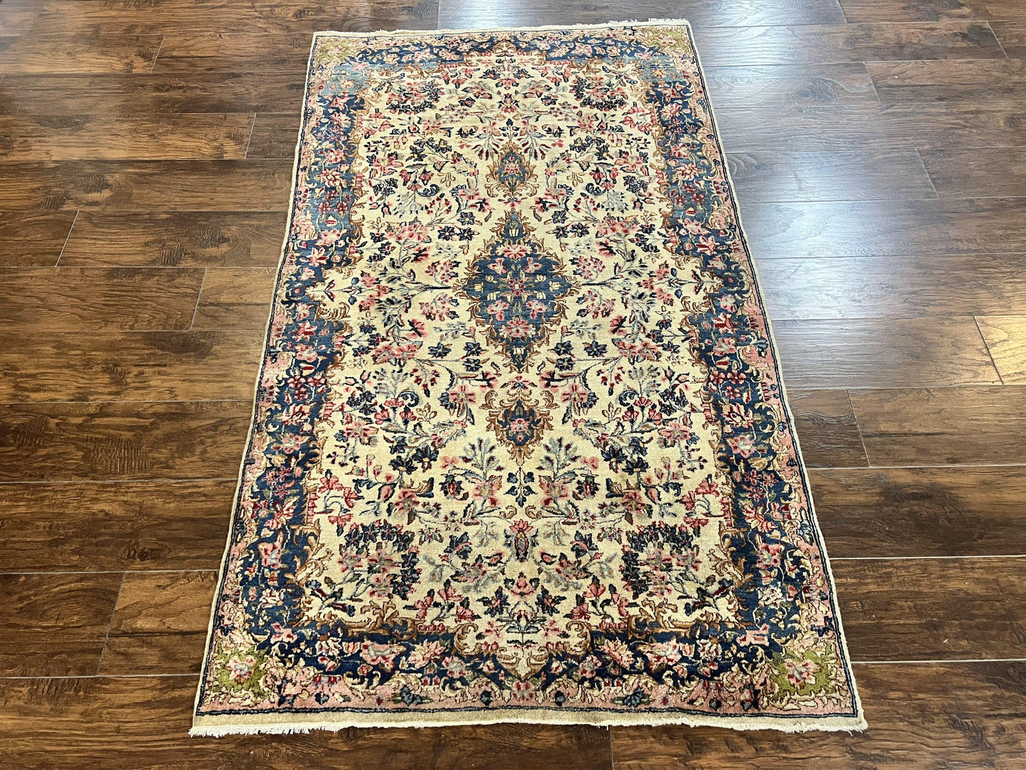 Antique Persian Kirman Rug 4x7, Cream and Navy Blue, Hand Knotted Wool Floral Carpet - Nuvé