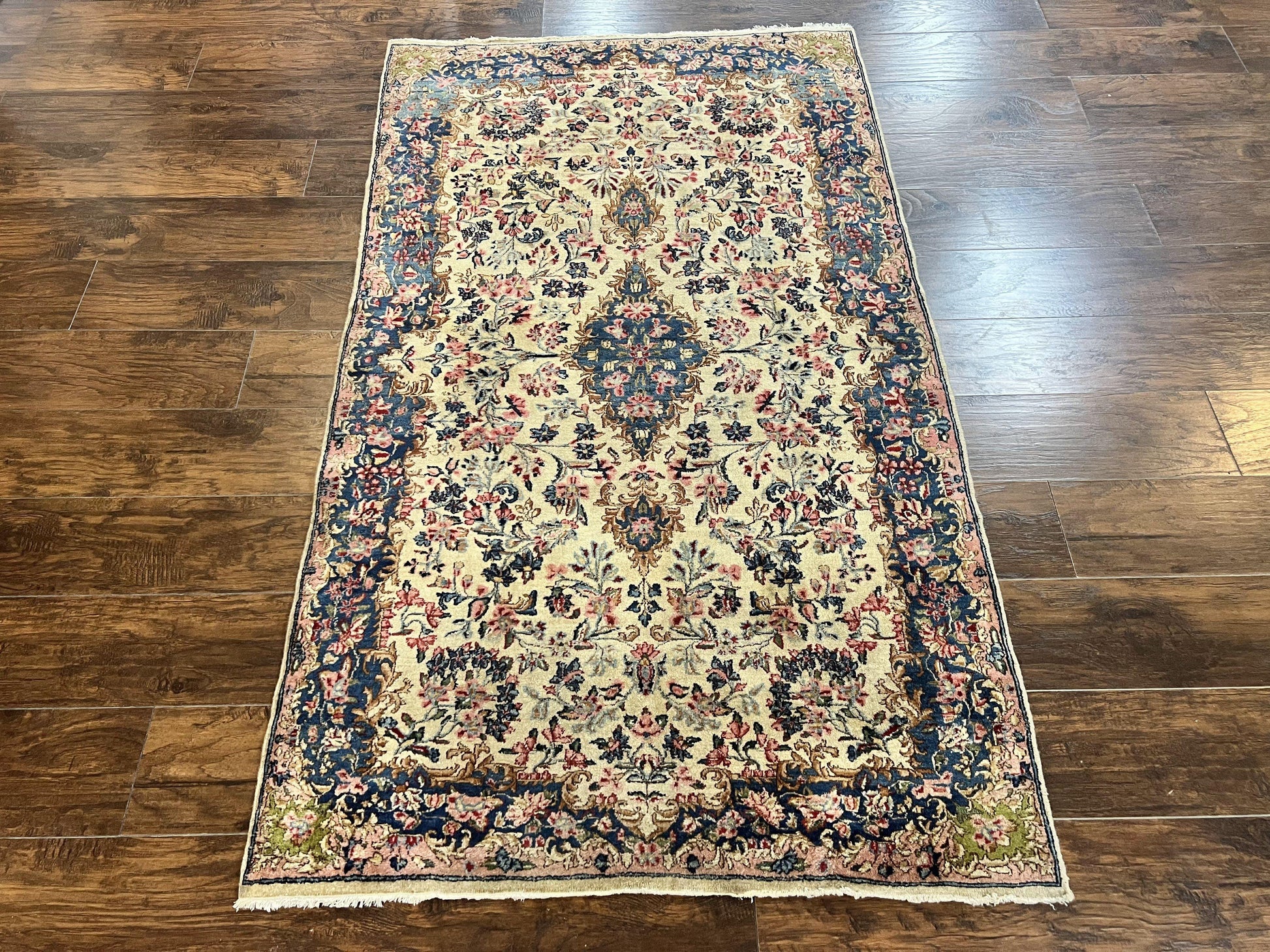 Antique Persian Kirman Rug 4x7, Cream and Navy Blue, Hand Knotted Wool Floral Carpet - Nuvé