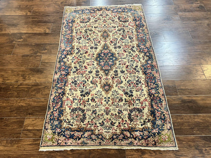 Antique Persian Kirman Rug 4x7, Cream and Navy Blue, Hand Knotted Wool Floral Carpet - Nuvé