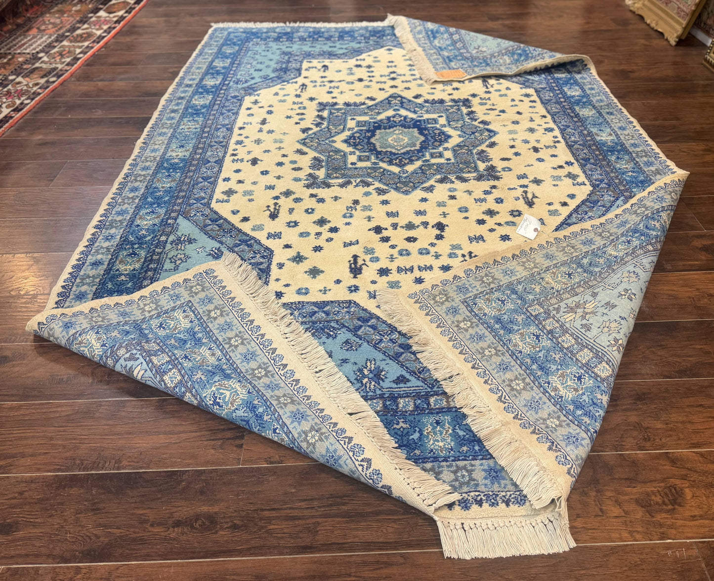 Moroccan Rug 7x10, Geometric Medallion, Blue and Ivory - Nuvé