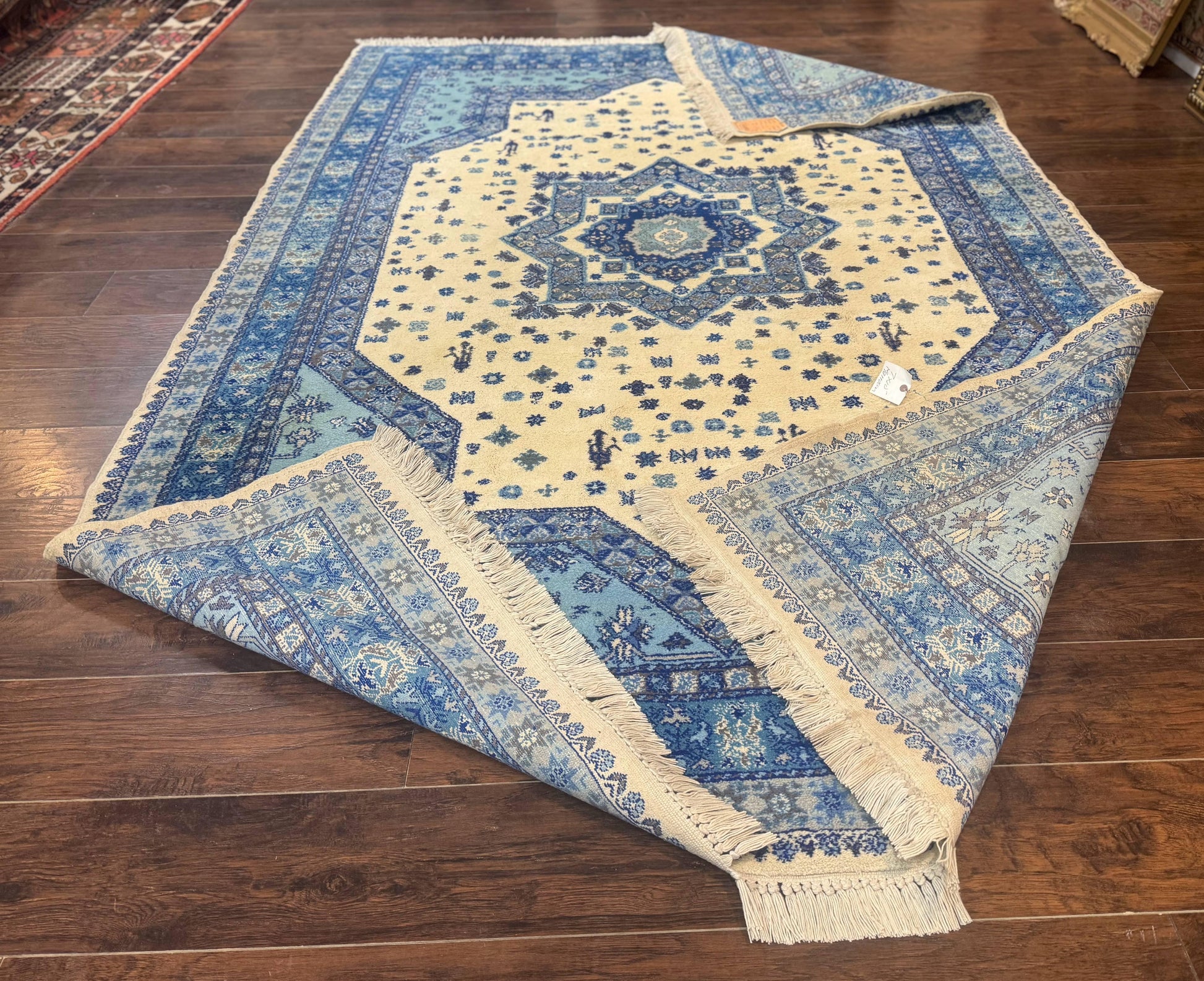 Moroccan Rug 7x10, Geometric Medallion, Blue and Ivory - Nuvé