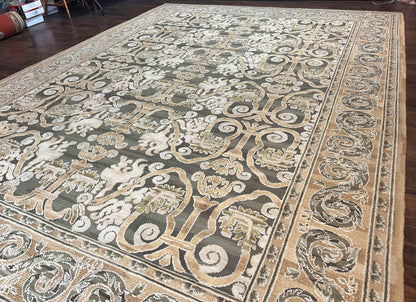 Spanish Rug 11x14, Wool Hand Knotted Vintage Carpet, Olive Green and Beige, Floral Allover, European Design, 11 x 14 Rug - Nuvé