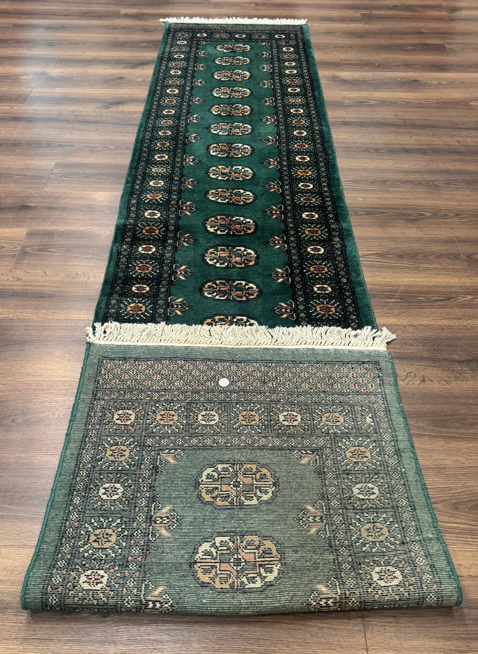 Pakistani Bokhara Runner Rug 2.5 x 11, Green Turkoman Wool Runner for Hallway - Nuvé