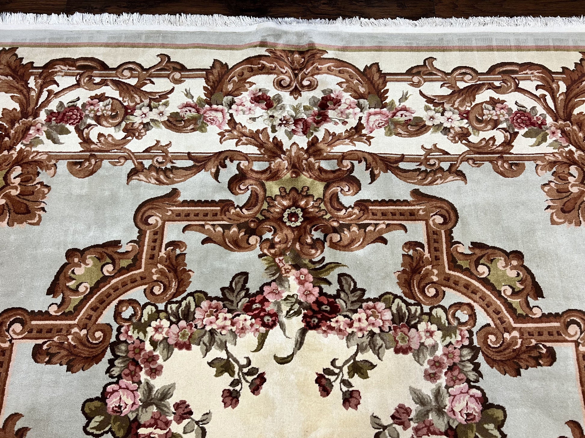 Aubusson Rug 10x13, Cream and Light Mint Green Hand Knotted Handmade French Savonnerie European Carpet, Wool Pile, Large Room Sized Vintage - Nuvé