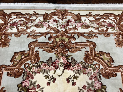 Aubusson Rug 10x13, Cream and Light Mint Green Hand Knotted Handmade French Savonnerie European Carpet, Wool Pile, Large Room Sized Vintage - Nuvé