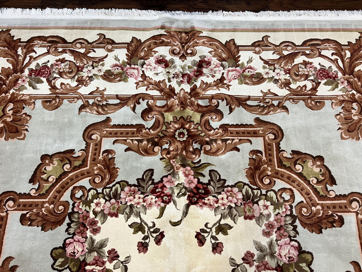 Aubusson Rug 10x13, Cream and Light Mint Green Hand Knotted Handmade French Savonnerie European Carpet, Wool Pile, Large Room Sized Vintage