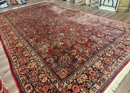 Large Persian Sarouk Rug 10x17, Palace Size Antique Persian Carpet, Red, Floral Allover, Traditional Persian Rug, Oversize Handmade Wool Rug - Nuvé