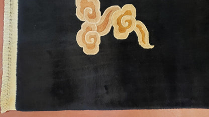 Rare Antique Chinese Art Deco Rug 6x9 with Dragon, Black Chinese Carpet 6 x 9, Hand Knotted Wool Area Rug - Nuvé