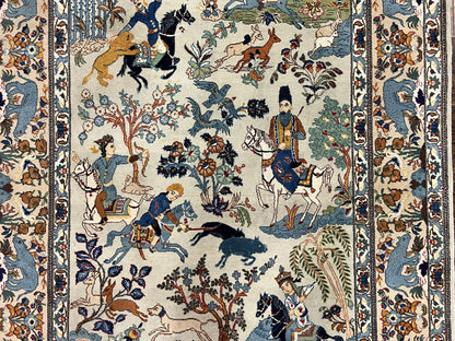 Persian Kashan Pictorial Rug 4.6 x 7, Hunting Scene, SIgned by Masterweaver, Animal Pictorials, Rare, Handmade, Wool, Vintage, Very Fine - Nuvé