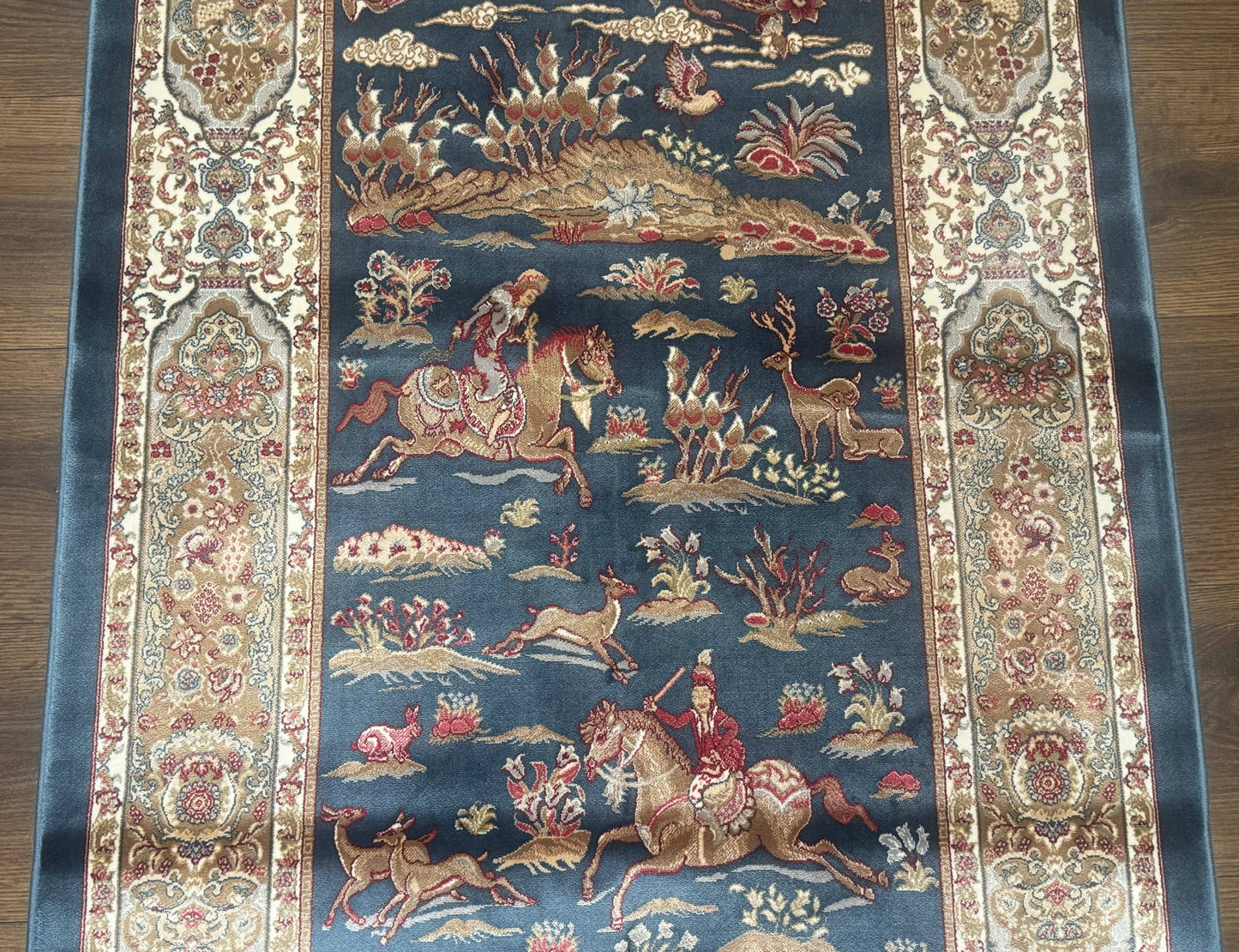 Turkish Silk Hunting Scene Rug 2.6 x 5, Dark Steel Blue & Ivory, Bamboo Silk, New - Nuvé