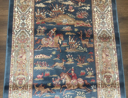 Turkish Silk Hunting Scene Rug 2.6 x 5, Dark Steel Blue & Ivory, Bamboo Silk, New - Nuvé