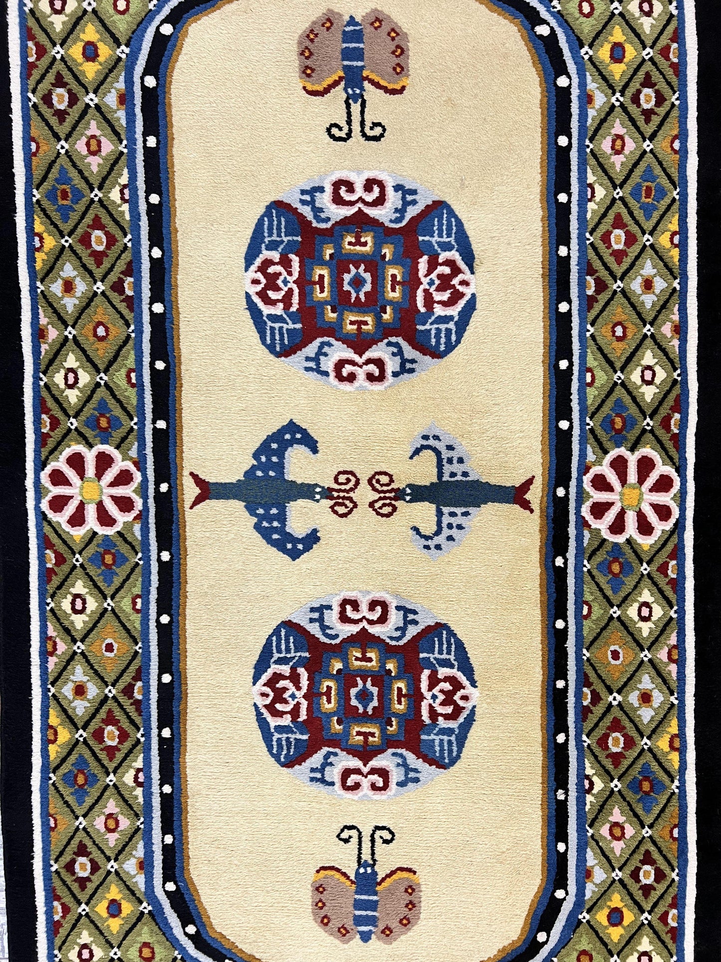 Chinese Rug 3x6 ft, Chinese Wool Rug, Tiensin Rug, Handmade Wool 3 x 6 Vintage Peking Rug, Art Deco Rug, Butterflies - Nuvé