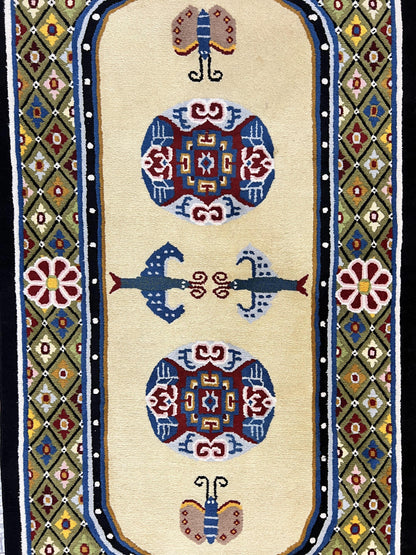 Chinese Rug 3x6 ft, Chinese Wool Rug, Tiensin Rug, Handmade Wool 3 x 6 Vintage Peking Rug, Art Deco Rug, Butterflies - Nuvé