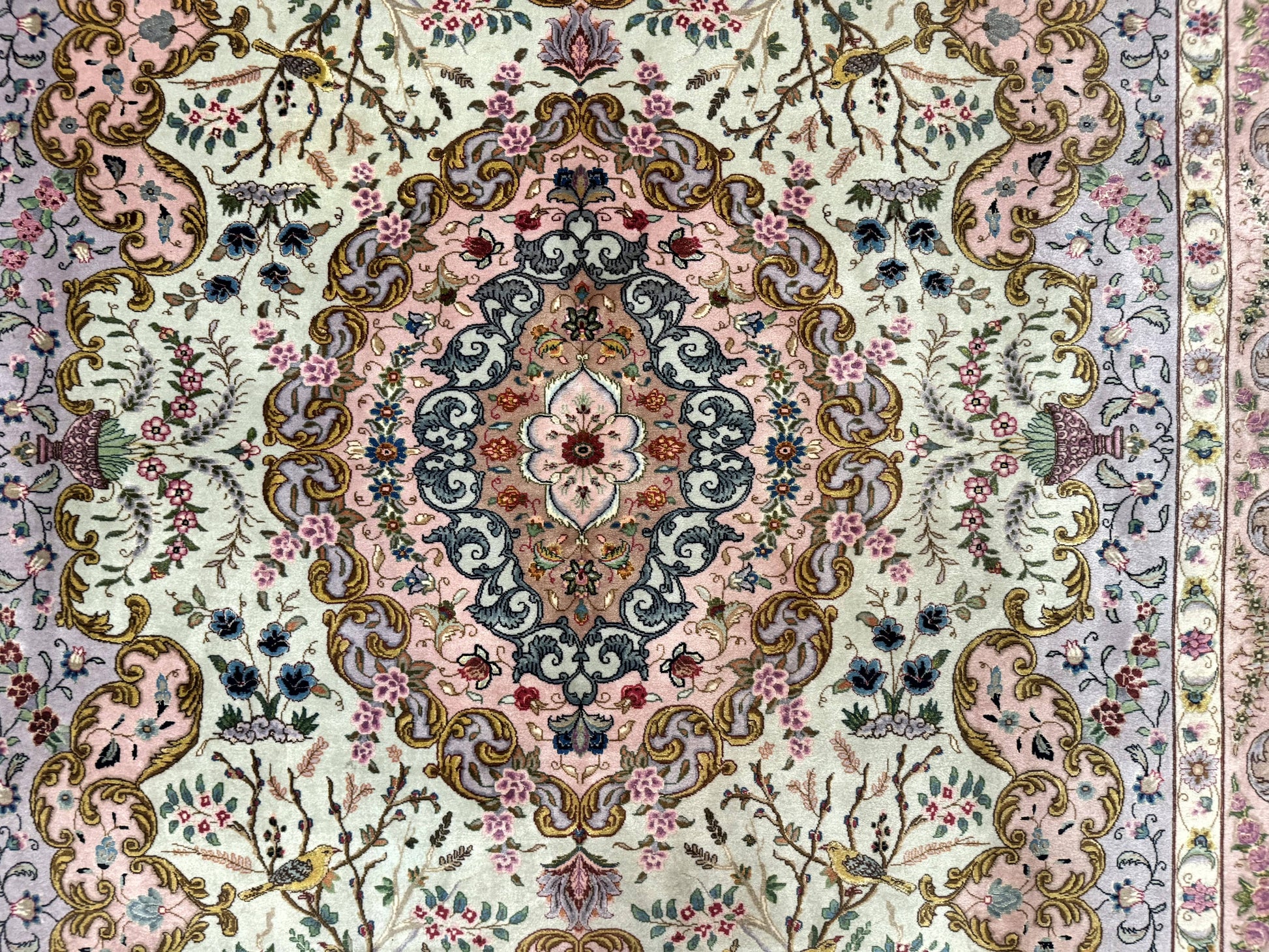 Wonderful Persian Tabriz Rug 7x10, Very Fine 330 KPSI, Light Green Light Blue Pink, Kork Wool Silk Foundation, Bird Pictorials - Nuvé
