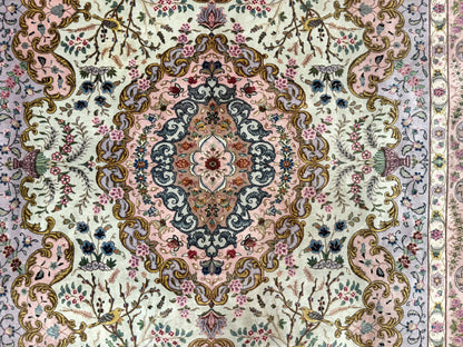 Wonderful Persian Tabriz Rug 7x10, Very Fine 330 KPSI, Light Green Light Blue Pink, Kork Wool Silk Foundation, Bird Pictorials - Nuvé