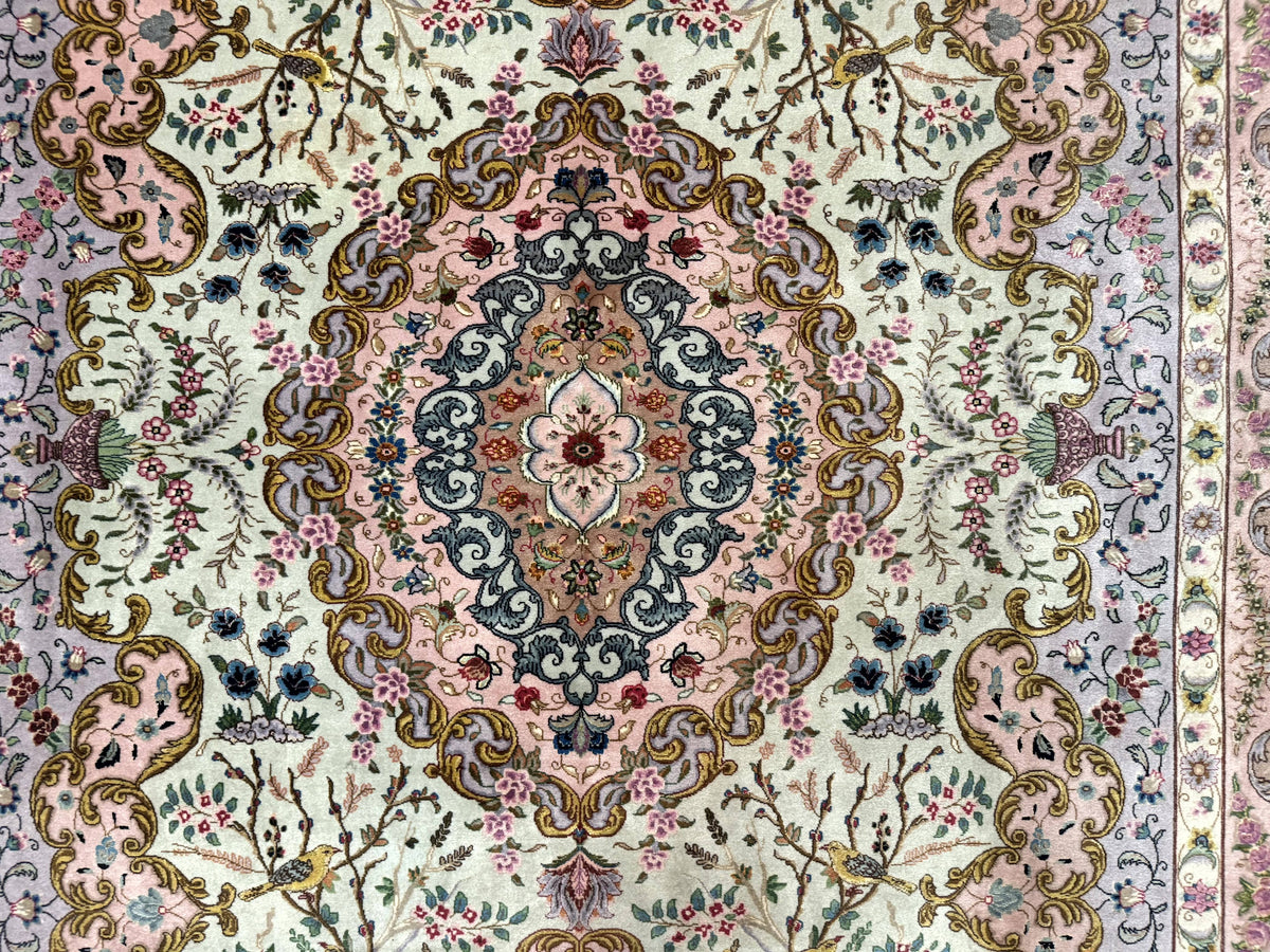 Wonderful Persian Tabriz Rug 7x10, Very Fine 330 KPSI, Light Green Light Blue Pink, Kork Wool Silk Foundation, Bird Pictorials
