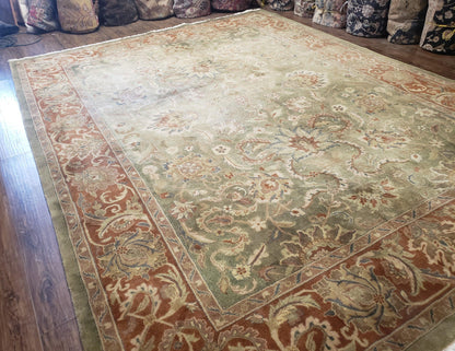 Vintage Indo Mahal Area Rug 9x12, Wool Hand-Knotted Laurel Green & Auburn Indian Carpet, 9 x 12 Floral Carpet, Living Room Rug - Nuvé
