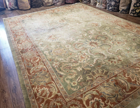 Vintage Indo Mahal Area Rug 9x12, Wool Hand-Knotted Laurel Green & Auburn Indian Carpet, 9 x 12 Floral Carpet, Living Room Rug - Nuvé