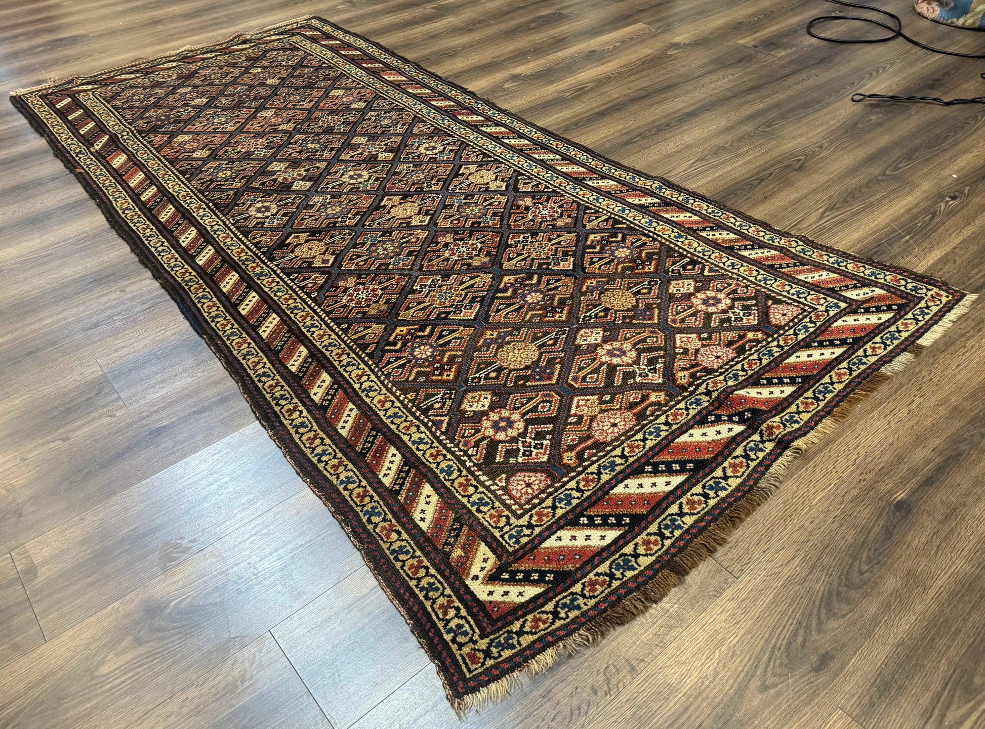 Antique Persian Wide Runner Rug 4x9, Kurdish Rug, Panel Design, Rainbow Border, Rare Tribal Rug - Nuvé