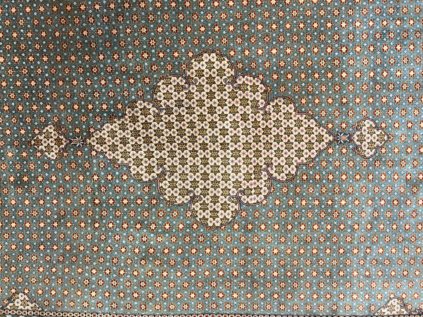 Rare Persian Rug 8x12, Qum Rug, Repeated Star Motifs, Blue and Ivory, Fine 300 KPSI, Hand Knotted Handmade Vintage Wool Rug - Nuvé