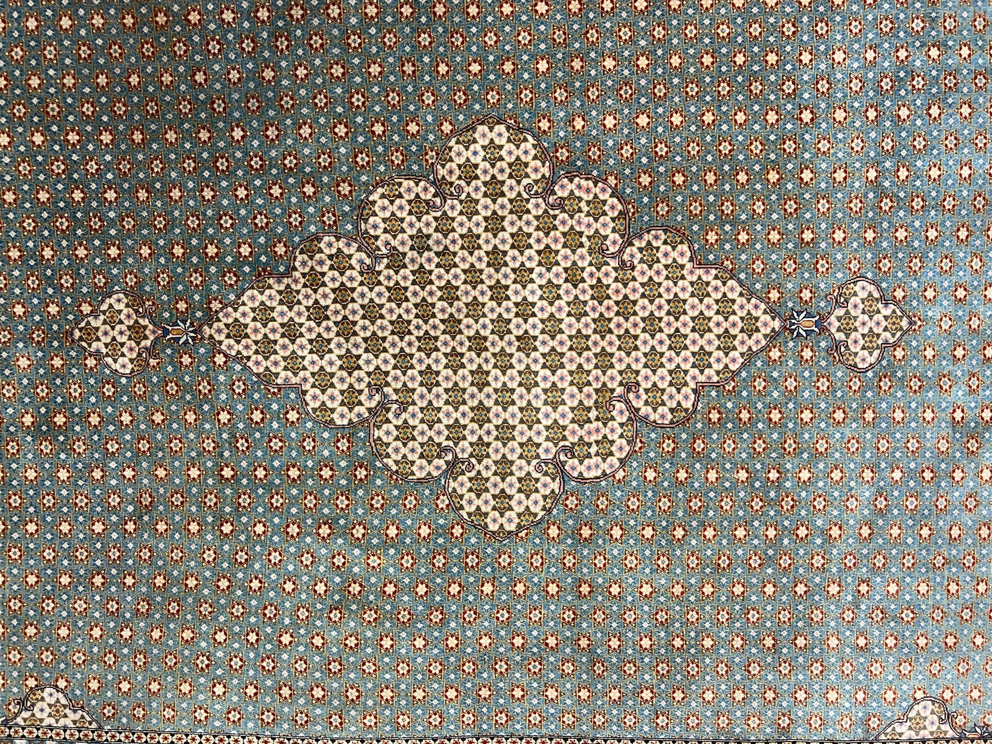 Rare Persian Rug 8x12, Qum Rug, Repeated Star Motifs, Blue and Ivory, Fine 300 KPSI, Hand Knotted Handmade Vintage Wool Rug - Nuvé