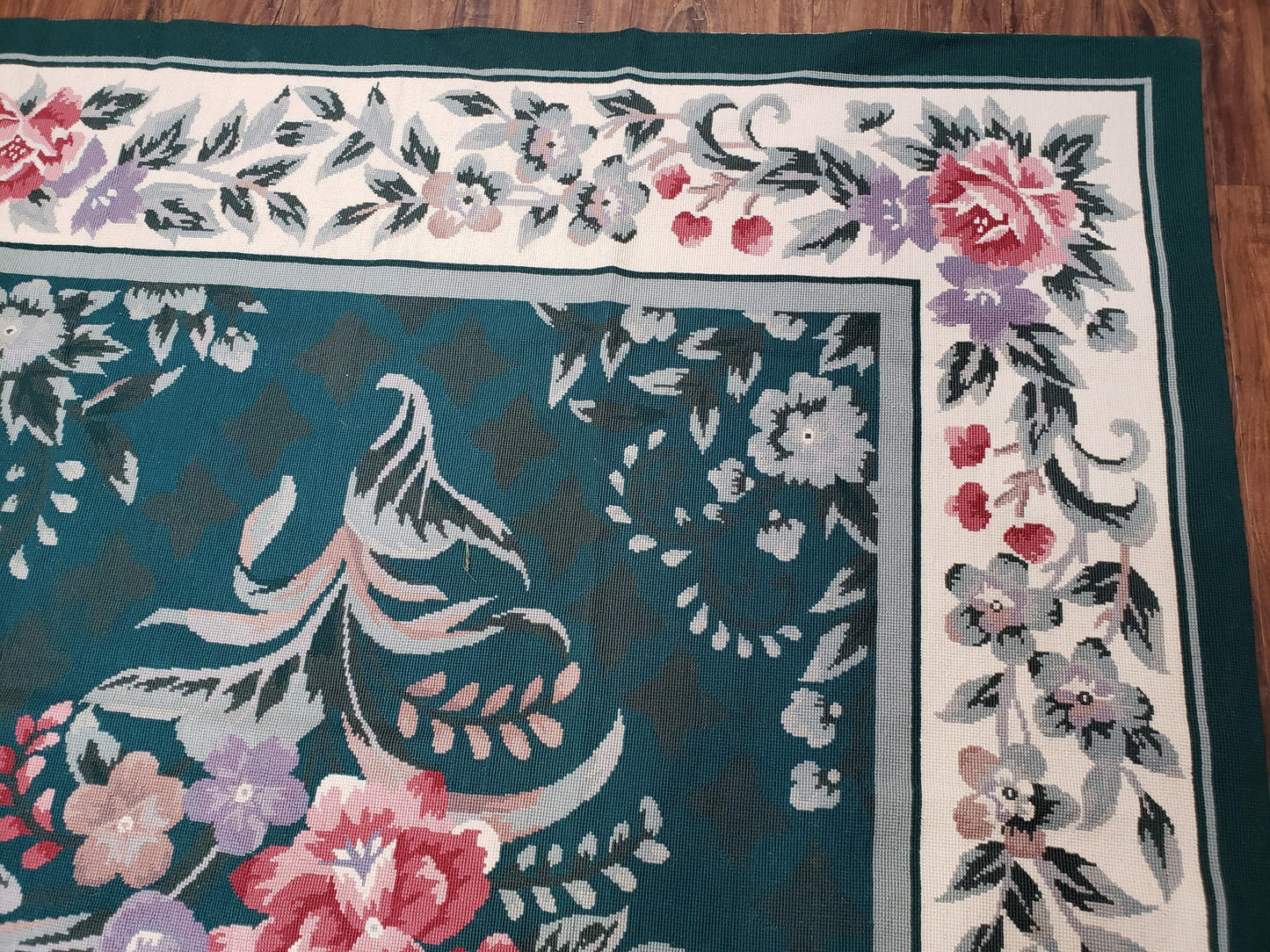Chinese Needlepoint Rug 8x10, Vintage Green Area Rug, Hand-Woven Flatweave Floral European Design Carpet Wool Handmade 8x 10 Living Room Rug - Nuvé