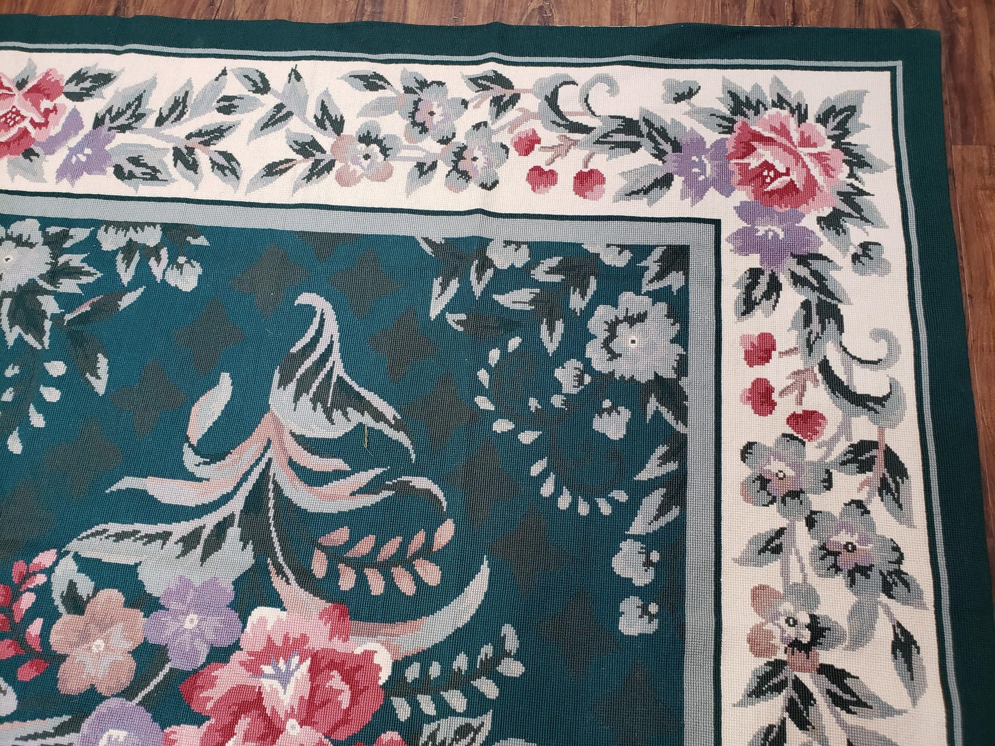 Chinese Needlepoint Rug 8x10, Vintage Green Area Rug, Hand-Woven Flatweave Floral European Design Carpet Wool Handmade 8x 10 Living Room Rug - Nuvé