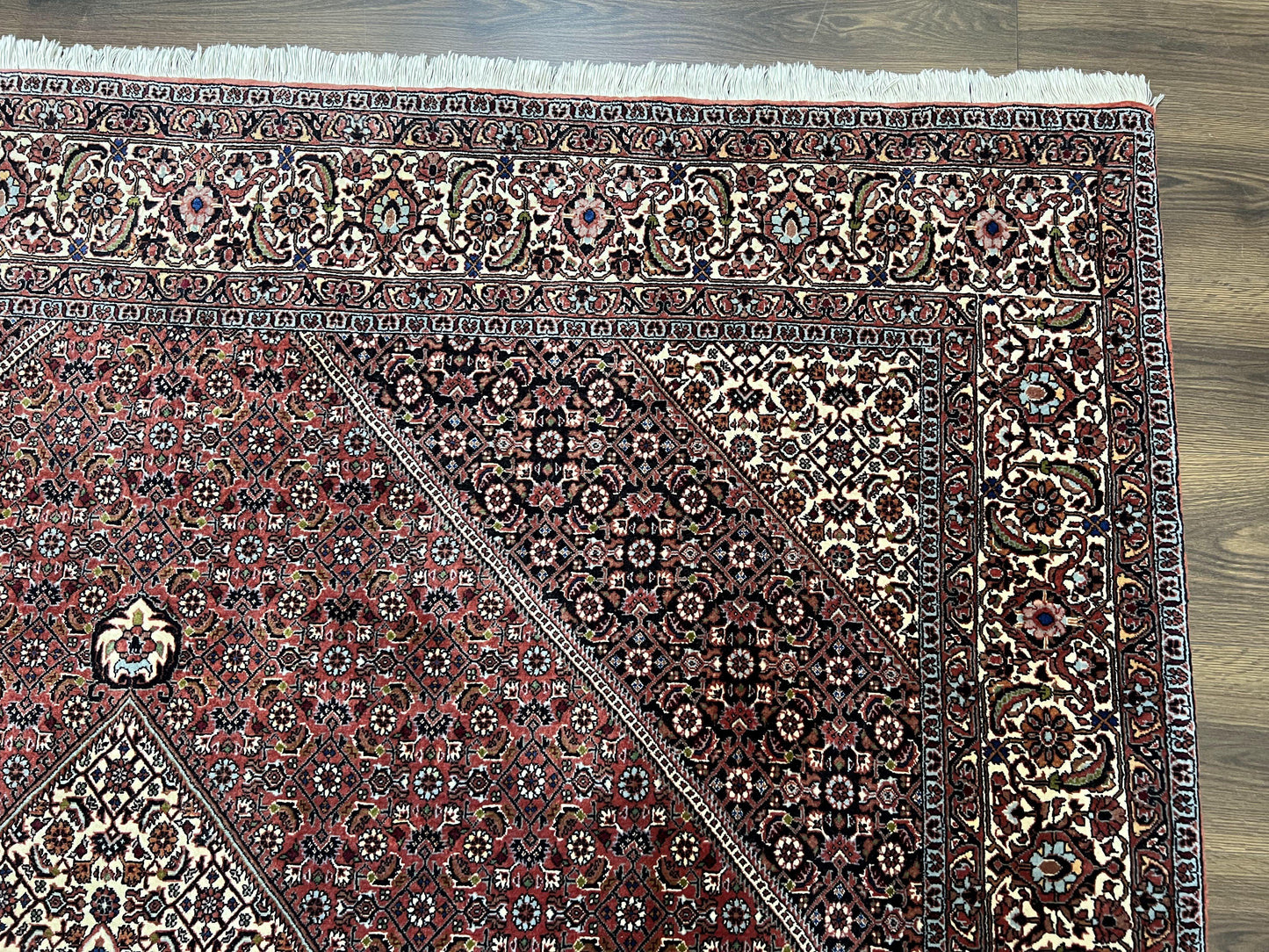 Wonderful Persian Bidjar Rug 7x8 ft, Almost Square Oriental Carpet, Herati Mahi, Highly Detailed, Ivory Red Navy Blue, Very Fine Handmade Bijar Rug - Nuvé