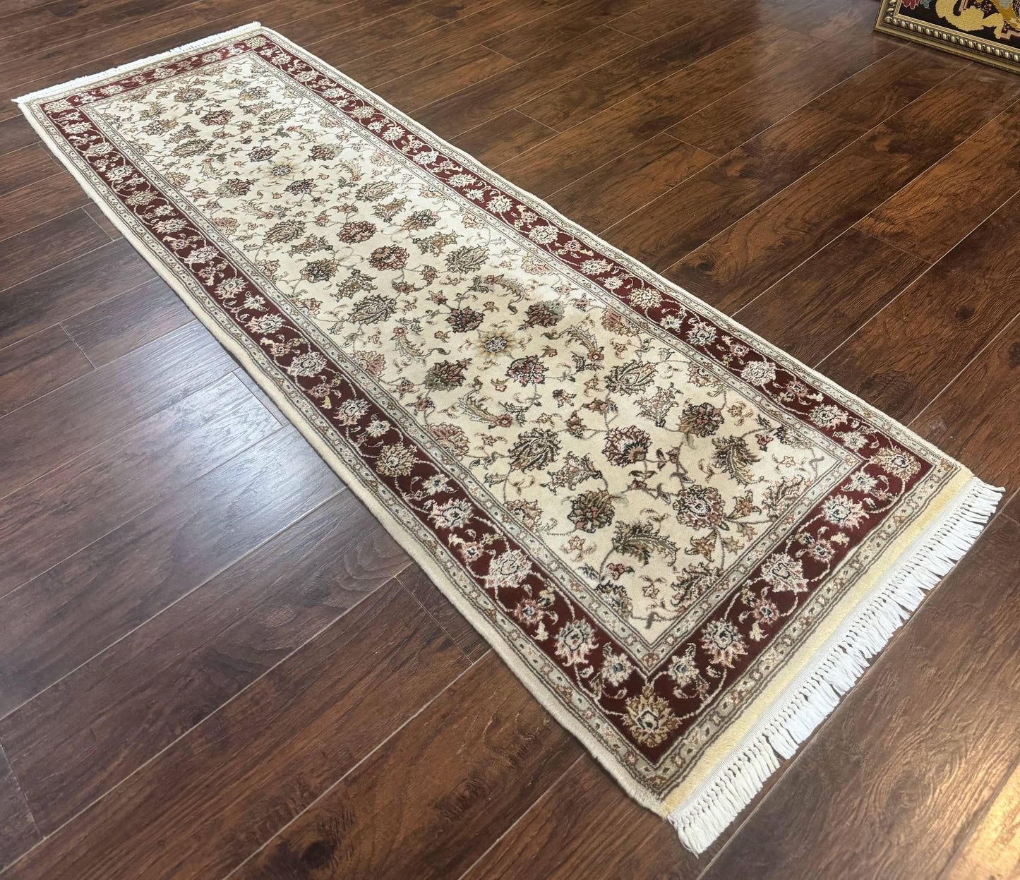 Pak Persian Runner Rug 2.8 x 8, Handmade Vintage Carpet, Beige and Maroon, Wool and Silk Highlights - Nuvé