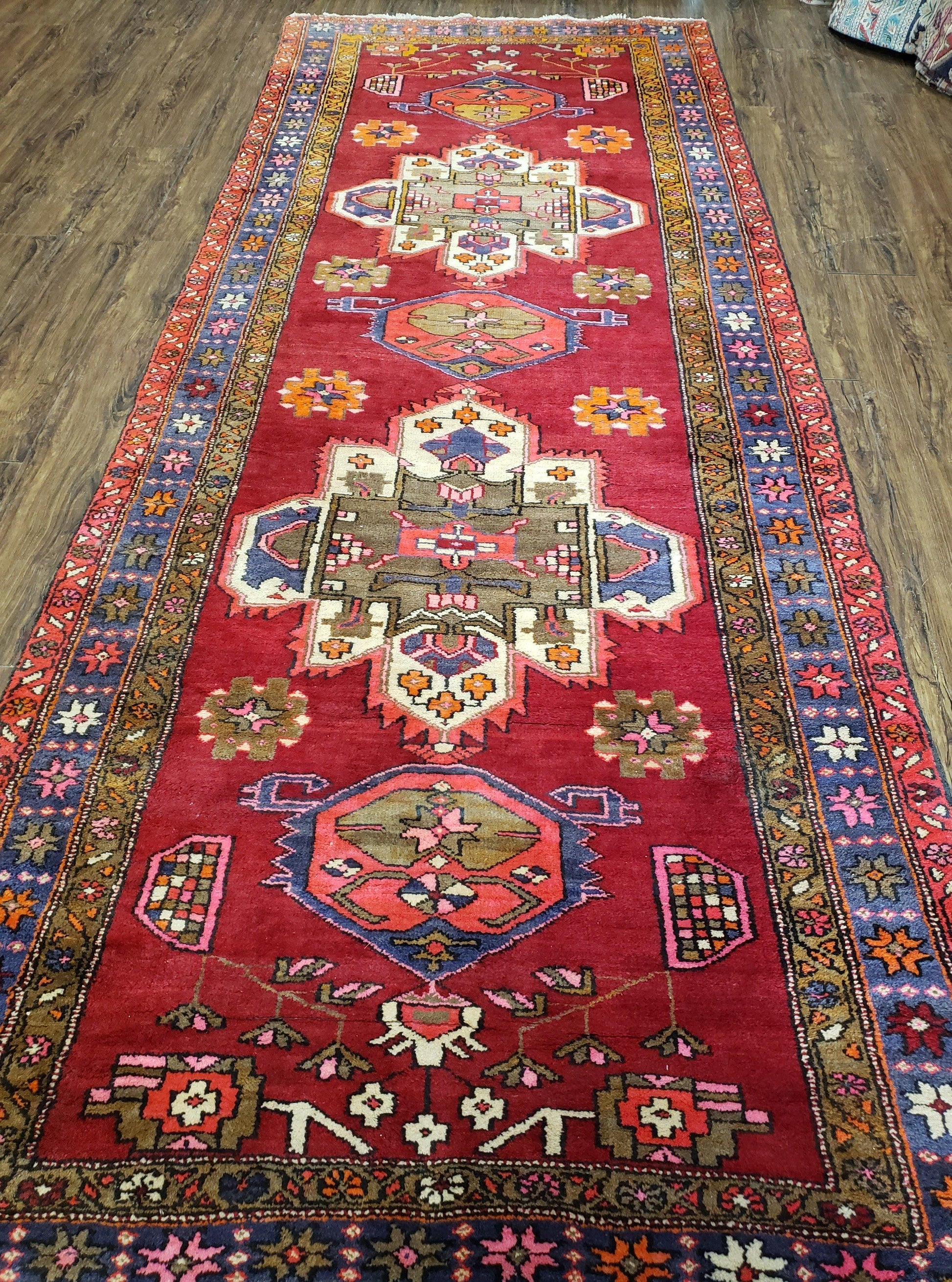 Antique Persian Karajeh Runner Rug 4.4 x 11 ft, Red Colorful Geometric Medallion Runner - Nuvé