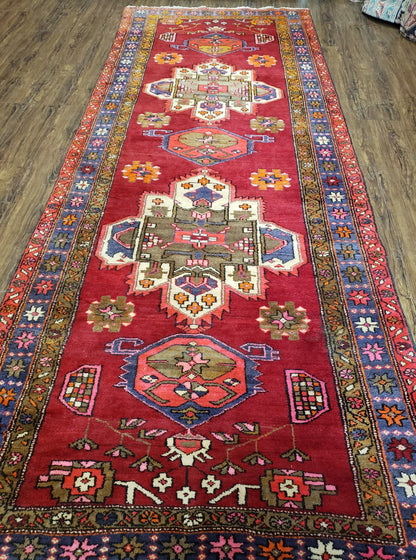 Antique Persian Karajeh Runner Rug 4.4 x 11 ft, Red Colorful Geometric Medallion Runner - Nuvé