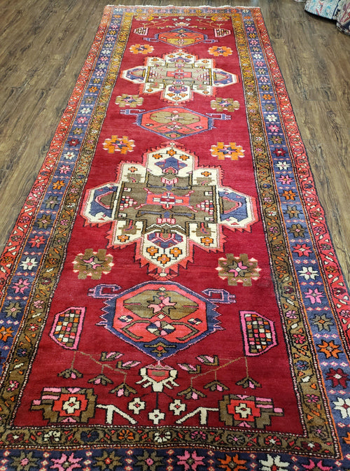 Antique Persian Karajeh Runner Rug 4.4 x 11 ft, Red Colorful Geometric Medallion Runner - Nuvé