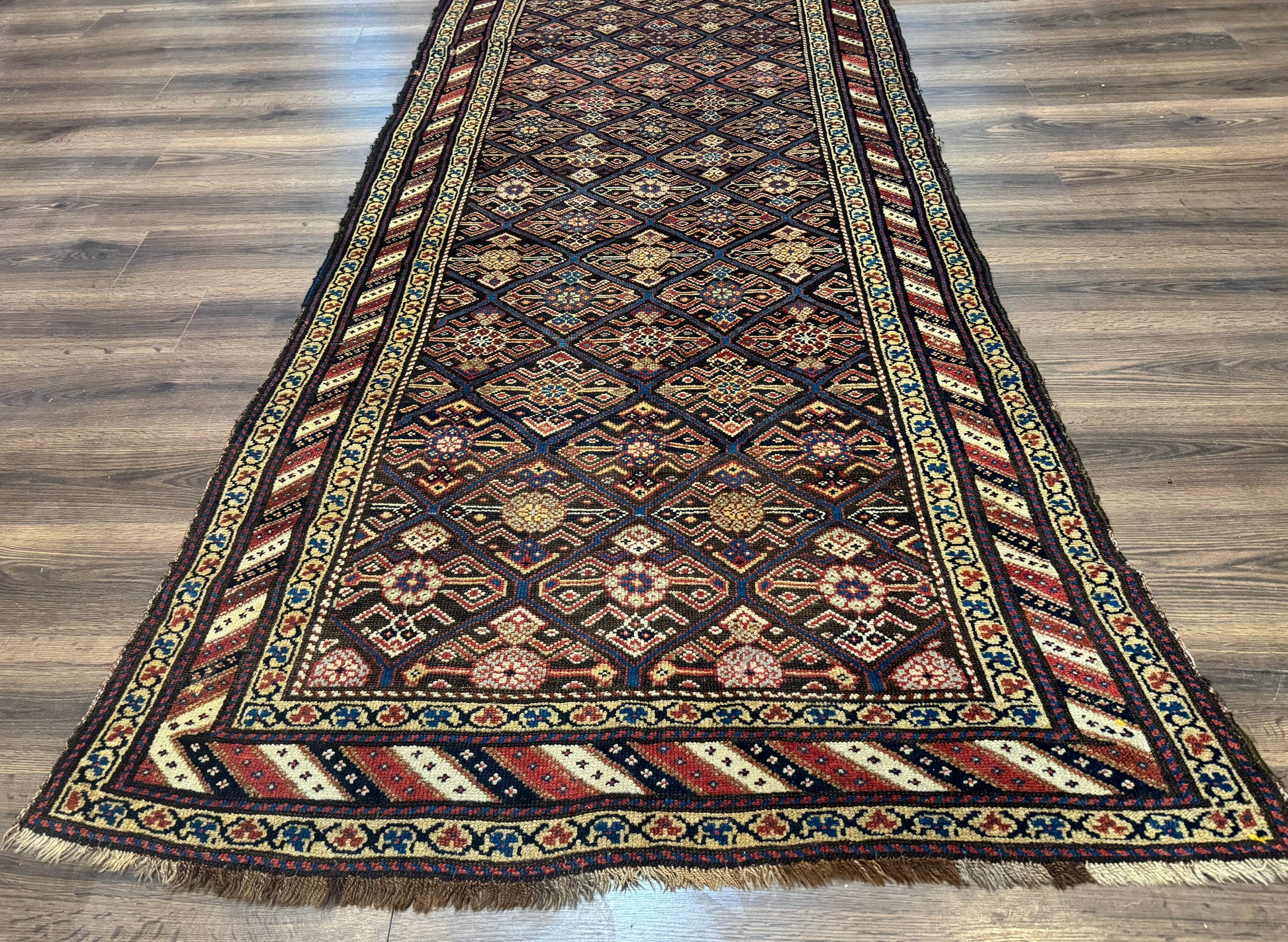 Antique Persian Wide Runner Rug 4x9, Kurdish Rug, Panel Design, Rainbow Border, Rare Tribal Rug - Nuvé