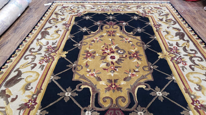 Nepal Rug 6x9, Nepalese Aubusson Area Rug 6 x 9, Hand-Knotted Wool Soft Pile Black & Beige Tibetan Aubusson New Carpet European Savonnerie - Nuvé