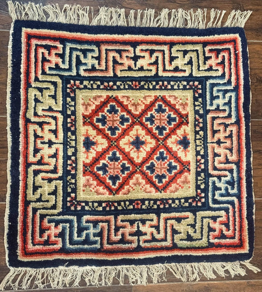 Small Antique Chinese Rug 2x2, Red Blue Square Rug Mat, Handmade, Tibetan Rug - Nuvé
