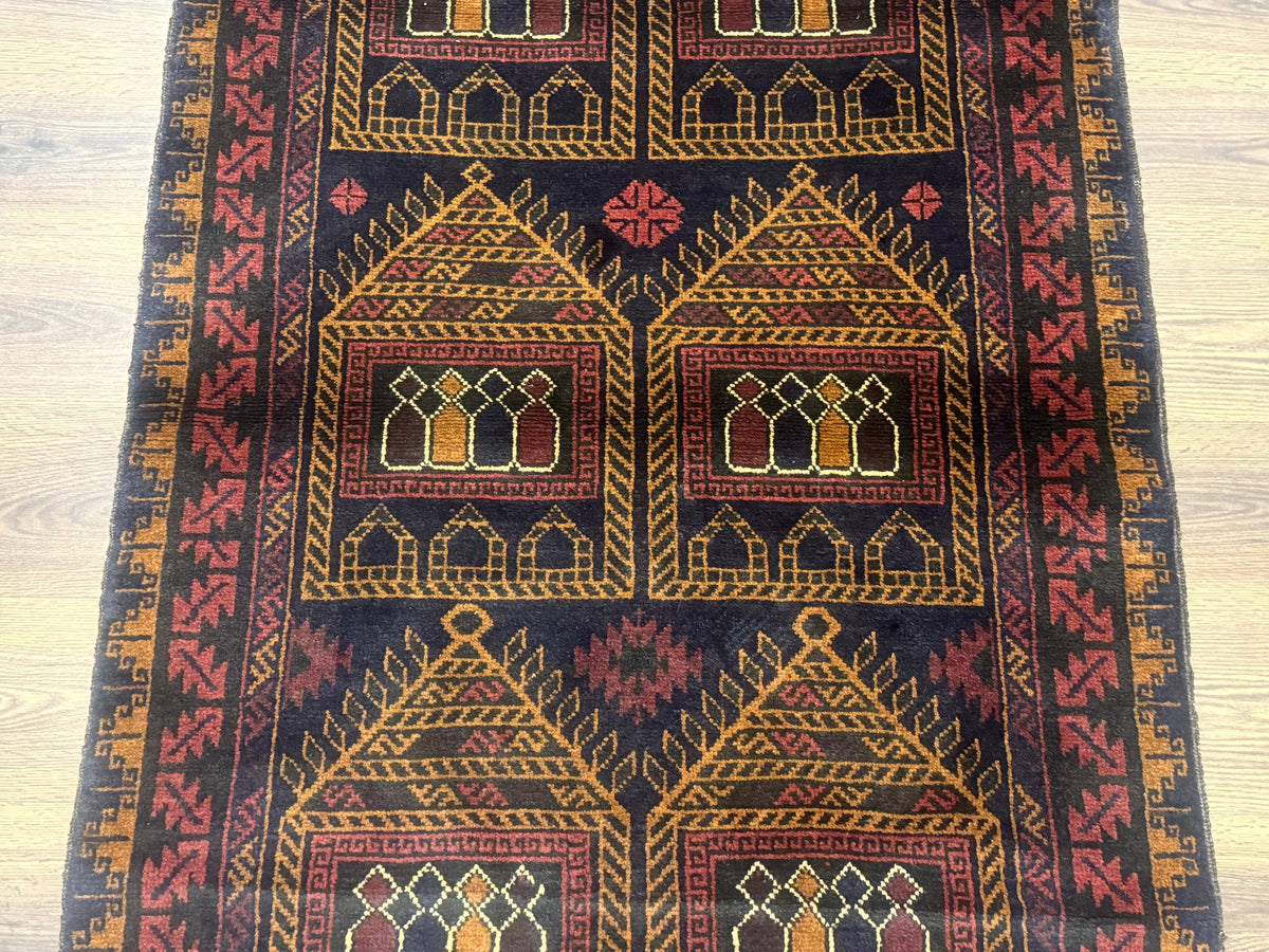 Afghan Rug 3x7, Navy Blue, Tribal Rug, Balouch Carpet, New