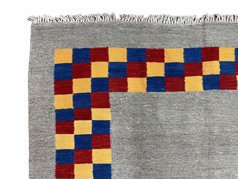 Gray Kilim Carpet, Yellow, Red, Blue Checkerboard Pattern, Flatweave, New, Geometric, Hand-Knotted, Wool, Turkish Area Rug, 5' 9" x 7' 9" - Nuvé
