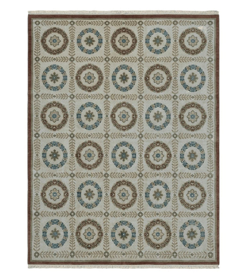 9' X 12' Modern Handmade Indo Lahore Wool Rug Art Deco Olive Ivory Nice Wow