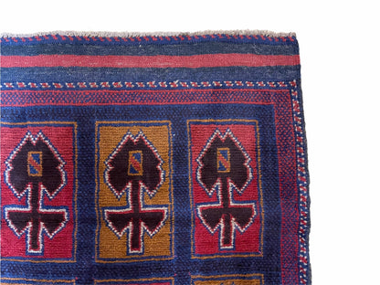 2' 9" X 4' 5" Vintage Handmade Tribal Wool Rug Balouchi Afghan Rug Blue Red 3x5
