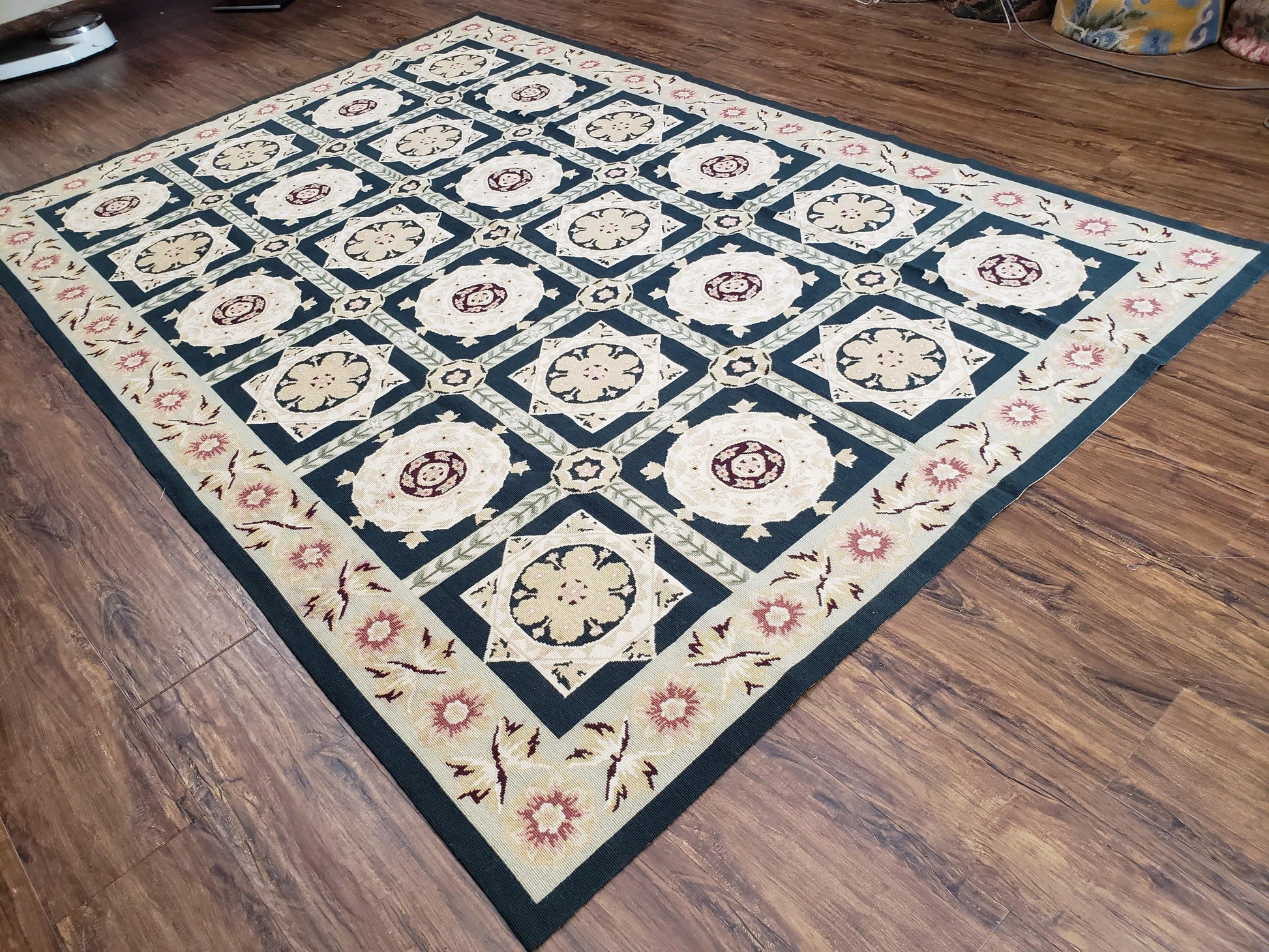 Vintage Chinese Needlepoint Rug 6x9, Panel Design Area Rug Wool Hand-Woven Black & Ivory Carpet Flat Weave Bedroom Rug 6 x 9 Living Room Rug - Nuvé
